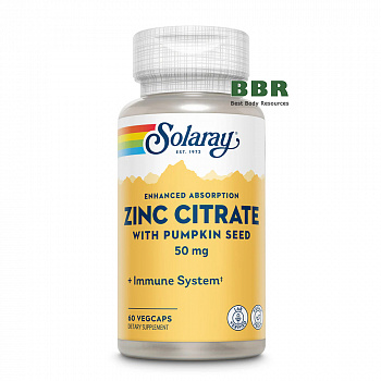 Zinc Citrate with Pumpkin Seed 50mg 60 Veg Caps, Solaray