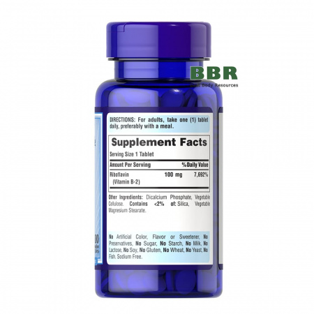 Vitamin B-2 100mg 100 Tabs, Puritans Pride