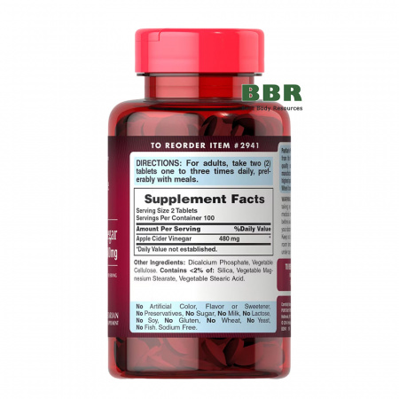 Apple Cider Vinegar 480mg 200 Tabs, Puritans Pride