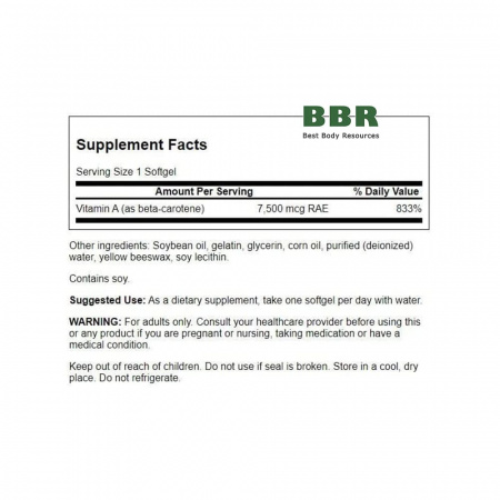 Beta Carotene Vitamin A 25000iu 7500mcg 100 Softgels, Swanson