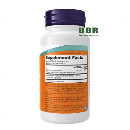 Magnesium Glycinate with BioPerine 200mg 60 Veg Caps, NOW Foods