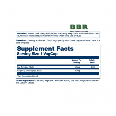 Zinc Citrate with Pumpkin Seed 50mg 60 Veg Caps, Solaray
