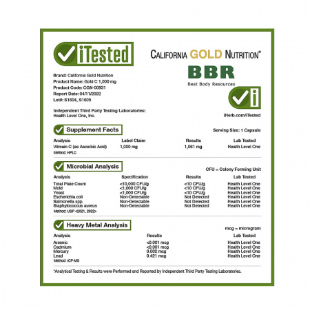 Gold Vitamin C 1000mg 60 Veg Caps, California GOLD Nutrition
