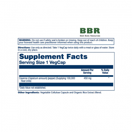True Herbs Cayenne 450mg 100 Veg Caps, Solaray