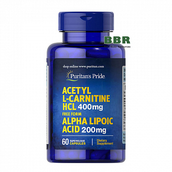 Acetyl L-Carnitine HCL 400mg plus Alpha Lipoc Acid 200mg 60 Caps, Puritans Pride