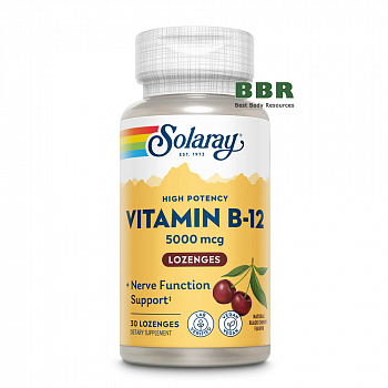 Vitamin B-12 5000mg 30 Cherry Tabs, Solaray